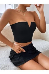 Elegant Derin V Yaka Fitilli Crop Straplez Pamuk Örme Bluz - 1
