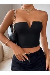 Elegant Derin V Yaka Fitilli Crop Straplez Pamuk Örme Bluz - 4