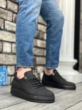 BA0152 Bağcıklı Yüksek Taban Siyah Keten Siyah Taban Erkek Ayakkabı thumbnail 1