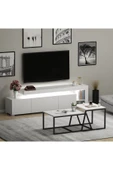 Beliz LED Işıklı TV Sehpası ve Minimal 2'li Orta Sehpa Takımı – Beyaz – Modern Oturma Odası Seti - 1