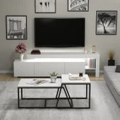 Beliz LED Işıklı TV Sehpası ve Minimal 2'li Orta Sehpa Takımı – Beyaz – Modern Oturma Odası Seti - 8