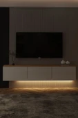 İNARCH DİZAYN Neon LED Işıklı Duvara Monte, 3 Kapaklı TV Sehpası – 160 cm - Modern Tasarım, Beyaz/Safir Meşe thumbnail 6