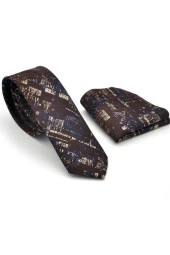 Bej Lacivert Motif Desenli Kahverengi Dokuma Kumaş Mendilli Slim Fit Kravat  / SDK-220710 thumbnail 2