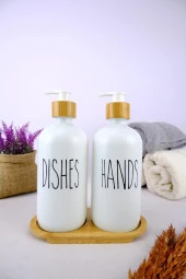 Digithome 2’li Ahşap Standlı Cam Sıvı Sabun ve Bulaşık Deterjanı Şişesi Sabunluk Beyaz 500 Ml - G/13 C1-1-289 - 1