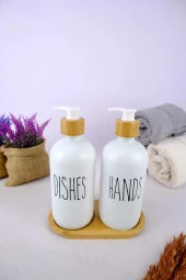 Digithome 2’li Ahşap Standlı Cam Sıvı Sabun ve Bulaşık Deterjanı Şişesi Sabunluk Beyaz 500 Ml - G/13 C1-1-289 - 3