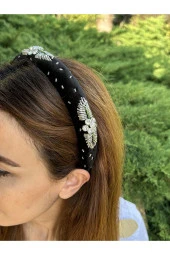 BYM025 Kadife El İşlemesi Kadın Taç Abiye Taşlı İnce Saç Aksesuarı Siyah Saç Tacı - 2