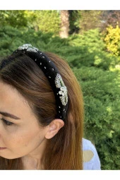 BYM025 Kadife El İşlemesi Kadın Taç Abiye Taşlı İnce Saç Aksesuarı Siyah Saç Tacı - 3