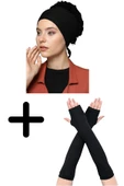 Kadın Penye Fırfırlı Bone Namaz Kolluğu Siyah 2'li Set - 1