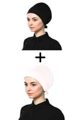 Kadın Penye Bağlamalı Düz Bone Siyah Beyaz 2'li Set - 1