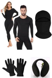 Unisex Termal İçlik Alt Üst Takım Polar Eldiven Polar Kulaklık Termal Maske Set Siyah - 1