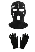 Örme Unisex Kılıç Gözyaşı Nakışlı Kar Maskesi Örme Eldiven Set Siyah - 1