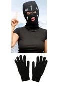 Örme Unisex Kılıç Gözyaşı Nakışlı Kar Maskesi Örme Eldiven Set Siyah - 2