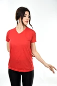 V Yaka Basic Kadın Tişört T-shirt Kırmızı - 3