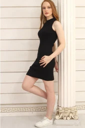 Kadın Siyah Kaşkorse Halter Yaka Fitilli Mini Boy Elbise - 2