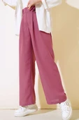 Düğme Detaylı Keten Salaş Pantolon Magenta - 2