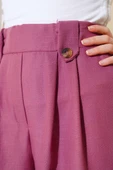 Düğme Detaylı Keten Salaş Pantolon Magenta thumbnail 4