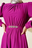 Kuşağı Taşlı Elbise Fuşya thumbnail 4