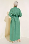 Önü Fırfırlı Keten Elbise Yeşil thumbnail 3