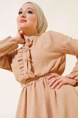 Önü Fırfırlı Keten Elbise Camel thumbnail 2