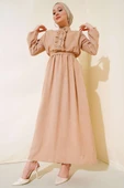 Önü Fırfırlı Keten Elbise Camel thumbnail 1