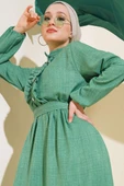 Önü Fırfırlı Keten Elbise Yeşil thumbnail 2