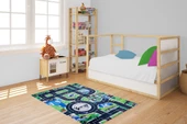 Çocuk Halısı ve Bebek Halısı Yıkanabilir Kaymaz Taban Polis Figürlü Yeşil Dijital Baskı Halı HC011 - 5