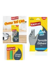 KOROPLAST Temizlik Eldiveni Ekstra Güçlü S Boy 5 Li Oluklu Sünger Yeni Ovma Teli - 1