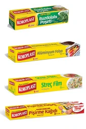 KOROPLAST 4'Lü Paket Buzdolabı Poşeti + Hazır Kesim Pişirme Kağıdı + Streç Film + Alüminyum Folyo - 1