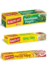 KOROPLAST 3Lü Paket Buzdolabı Poşeti 20 Li + Hazır Kesim Pişirme Kağıdı 16 Lı +Streç Film 15 M - 1