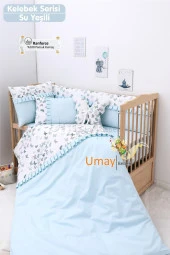 Umaybebek 60x120, Bebek Nevresim Takımı, Dolgu Korumalık, Düz Çarşaf - %100 Pamuk-Su Yeşili Kelebek - 1