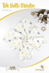Umaybebek 100x100 Cm, Organik Tek Katlı Müslin Bebek Pikesi, Battaniyesi-Sarı Bulut - 1