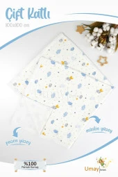 Umaybebek 100x100 Cm, Organik Çift Katlı Müslin Bebek Pikesi, Battaniyesi-Mavi Bulut - 1