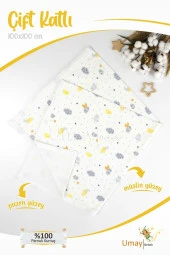 Umaybebek 100x100 Cm, Organik Çift Katlı Müslin Bebek Pikesi, Battaniyesi-Sarı Bulut - 1