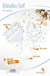 Umaybebek 12 Parça Organik Müslin Bebek Pikesi, Battaniyesi, Ağız Bezi, Salya Bezi, Önlük-Mavi Bulut - 1