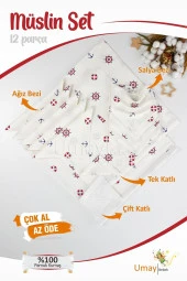 Umaybebek 12 Parça Organik Müslin Bebek Pikesi, Battaniyesi, Ağız Bezi, Salya Bezi, Önlük-Dümen - 1