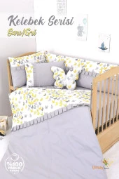 Umaybebek 70x110, Bebek Nevresim Takımı, Dolgu Korumalık, Düz Çarşaf - %100 Pamuk-Sarı/Gri Kelebek - 1