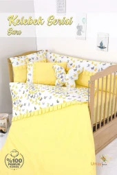 Umaybebek 70x110, Bebek Nevresim Takımı, Dolgu Korumalık, Düz Çarşaf - %100 Pamuk-Sarı Kelebek - 1