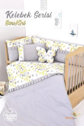Umaybebek 60x120, Bebek Nevresim Takımı, Dolgu Korumalık, Düz Çarşaf - %100 Pamuk-Sarı/Gri Kelebek - 1