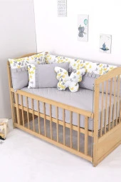 Umaybebek 60x120, Bebek Nevresim Takımı, Dolgu Korumalık, Düz Çarşaf - %100 Pamuk-Sarı/Gri Kelebek - 2