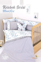 Umaybebek 60x120, Bebek Nevresim Takımı, Dolgu Korumalık, Düz Çarşaf - %100 Pamuk-Mavi/Gri Kelebek - 1