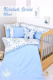 Umaybebek 60x120, Bebek Nevresim Takımı, Dolgu Korumalık, Düz Çarşaf - %100 Pamuk-Mavi Kelebek - 1