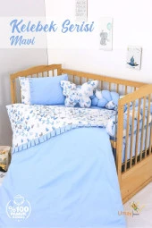 Umaybebek Bebek Nevresim Takımı, Örgü Korumalık, Çarşaf - %100 Pamuk-Mavi Kelebek - 1