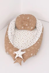 Umaybebek Babynest, Bebek Uyku Yatağı 0-2 Yaş - Kedi Desen-Kahve Yıldız Kedi - 1