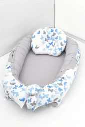 Umaybebek Babynest, Bebek Uyku Yatağı 0-2 Yaş - %100 Pamuk-Mavi Kelebek - 1