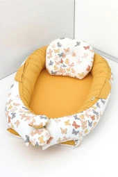Umaybebek Babynest, Bebek Uyku Yatağı 0-2 Yaş - %100 Pamuk-Hardal Kelebek - 1
