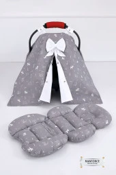 Umaybebek Puset Örtüsü Puset Minderi 2 Parça - Bel Destekli - Kedi Desen-gri kedi - 1