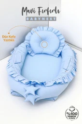 Umaybebek Babynest, Bebek Uyku Yatağı 0-2 Yaş - %100 Pamuk-Mavi Fırfırlı - 2