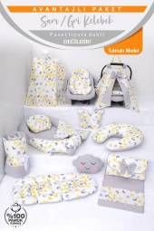 Umaybebek Babynest Puset Örtüsü Alt Açma Emzirme Yastığı Bel Destekli Ana Kucağı Bebek Arabası Minderi-tutmalı-Sarı Gri Kelebek T thumbnail 2