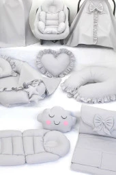 Umaybebek Babynest Puset Örtüsü Alt Açma Emzirme Yastığı Bel Destekli Ana Kucağı Bebek Arabası Minderi-tutmalı-Gri Fırfırlı T thumbnail 3