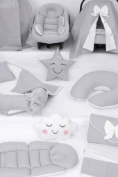 Umaybebek Babynest Puset Örtüsü Alt Açma Emzirme Yastığı Bel Destekli Ana Kucağı Bebek Arabası Minderi-tutmalı-Gri Krem T - 3